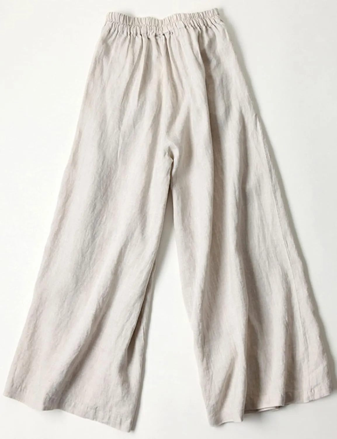 Bozanly Women's Linen Wide Leg Palazzo Pants Elastic Waist Culottes Capris with Pockets