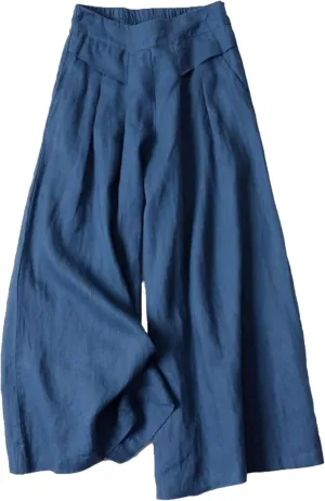 Bozanly Women's Linen Wide Leg Palazzo Pants Elastic Waist Culottes Capris with Pockets