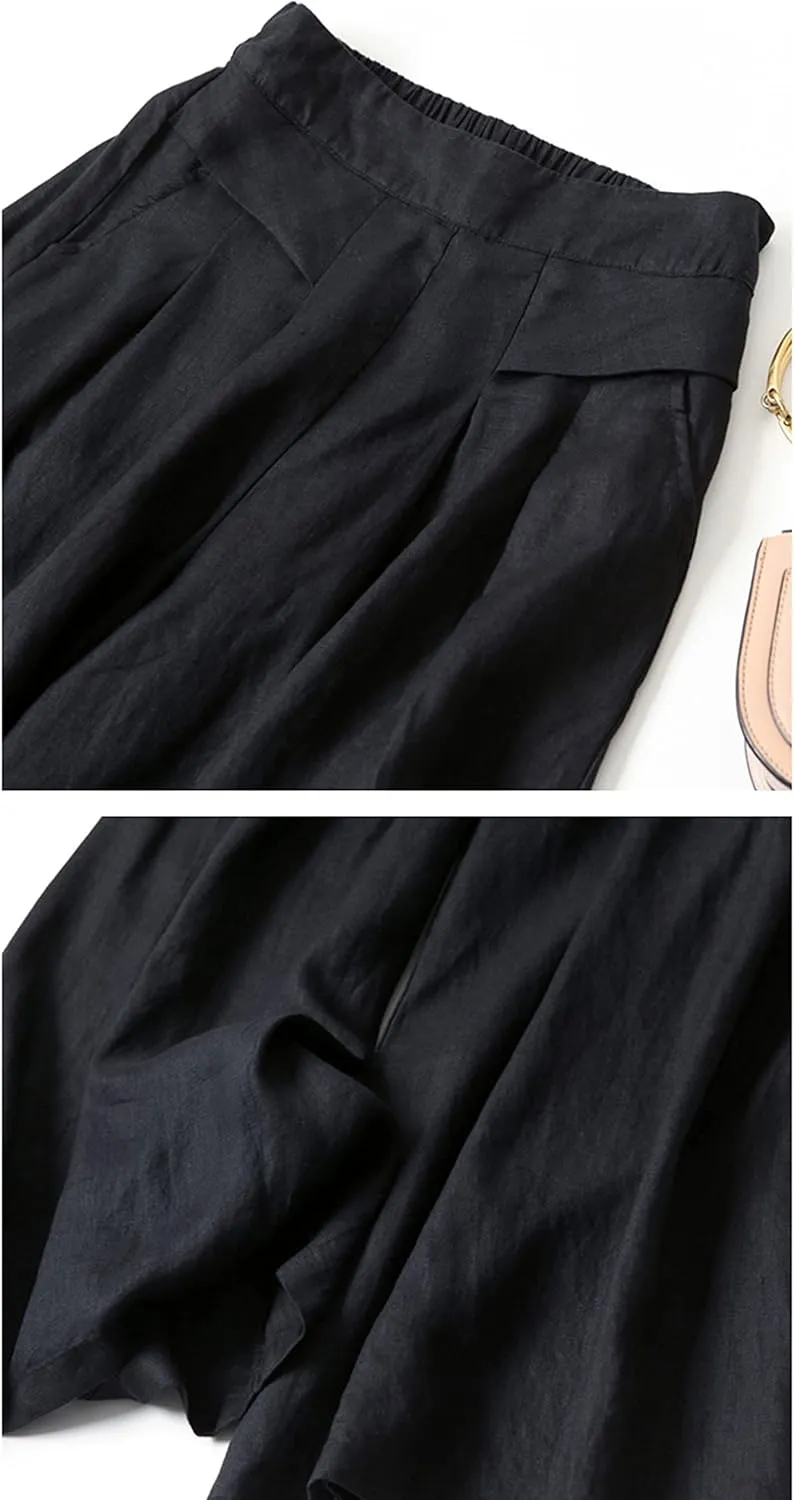 Bozanly Women's Linen Wide Leg Palazzo Pants Elastic Waist Culottes Capris with Pockets