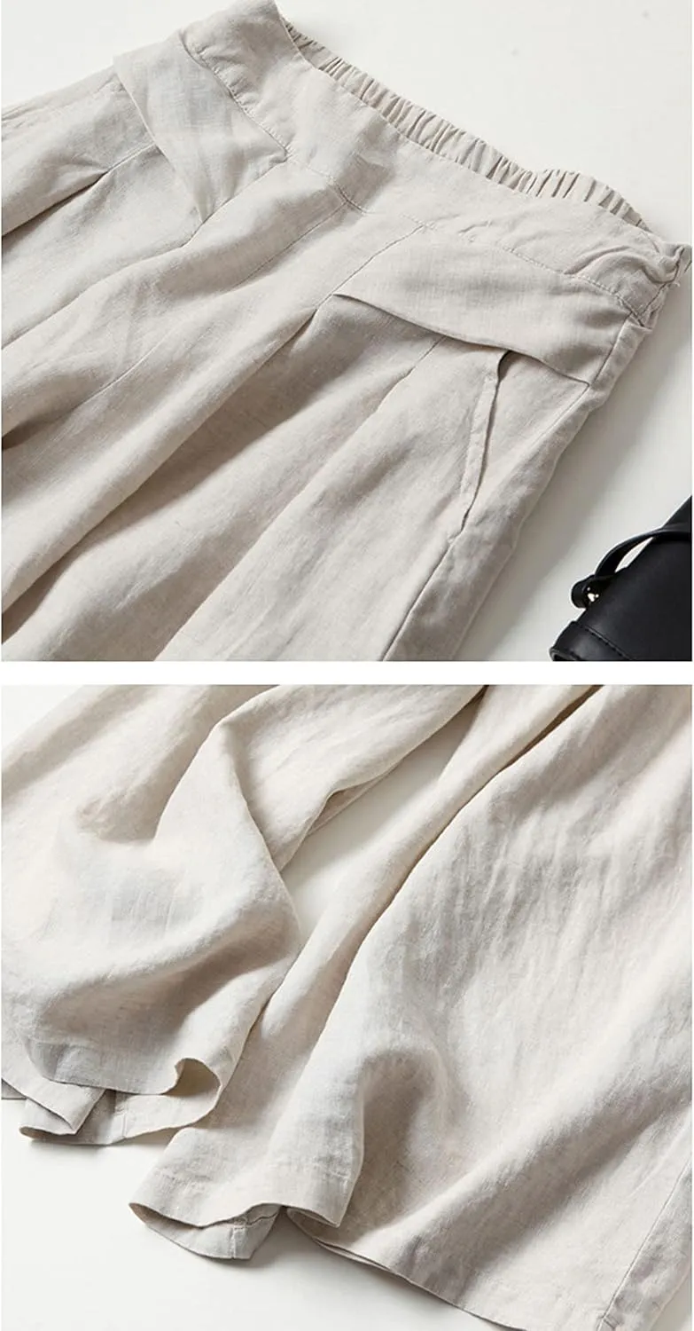Bozanly Women's Linen Wide Leg Palazzo Pants Elastic Waist Culottes Capris with Pockets
