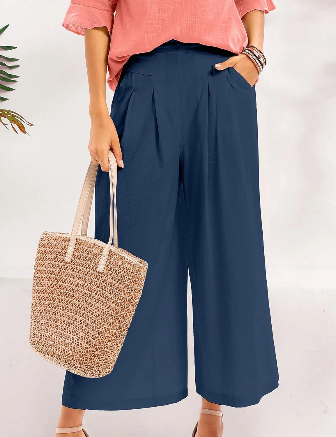 Bozanly Women's Linen Wide Leg Palazzo Pants Elastic Waist Culottes Capris with Pockets