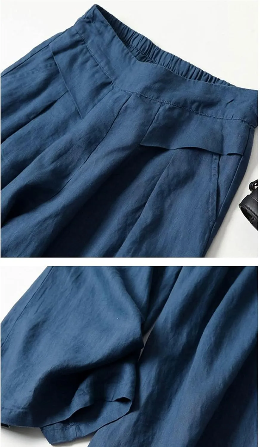 Bozanly Women's Linen Wide Leg Palazzo Pants Elastic Waist Culottes Capris with Pockets