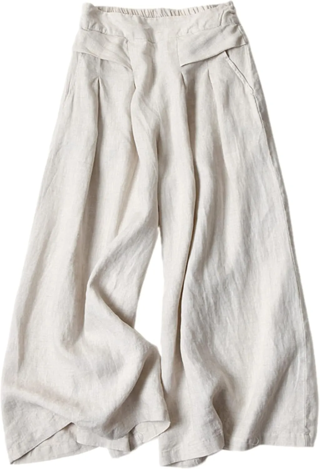 Bozanly Women's Linen Wide Leg Palazzo Pants Elastic Waist Culottes Capris with Pockets