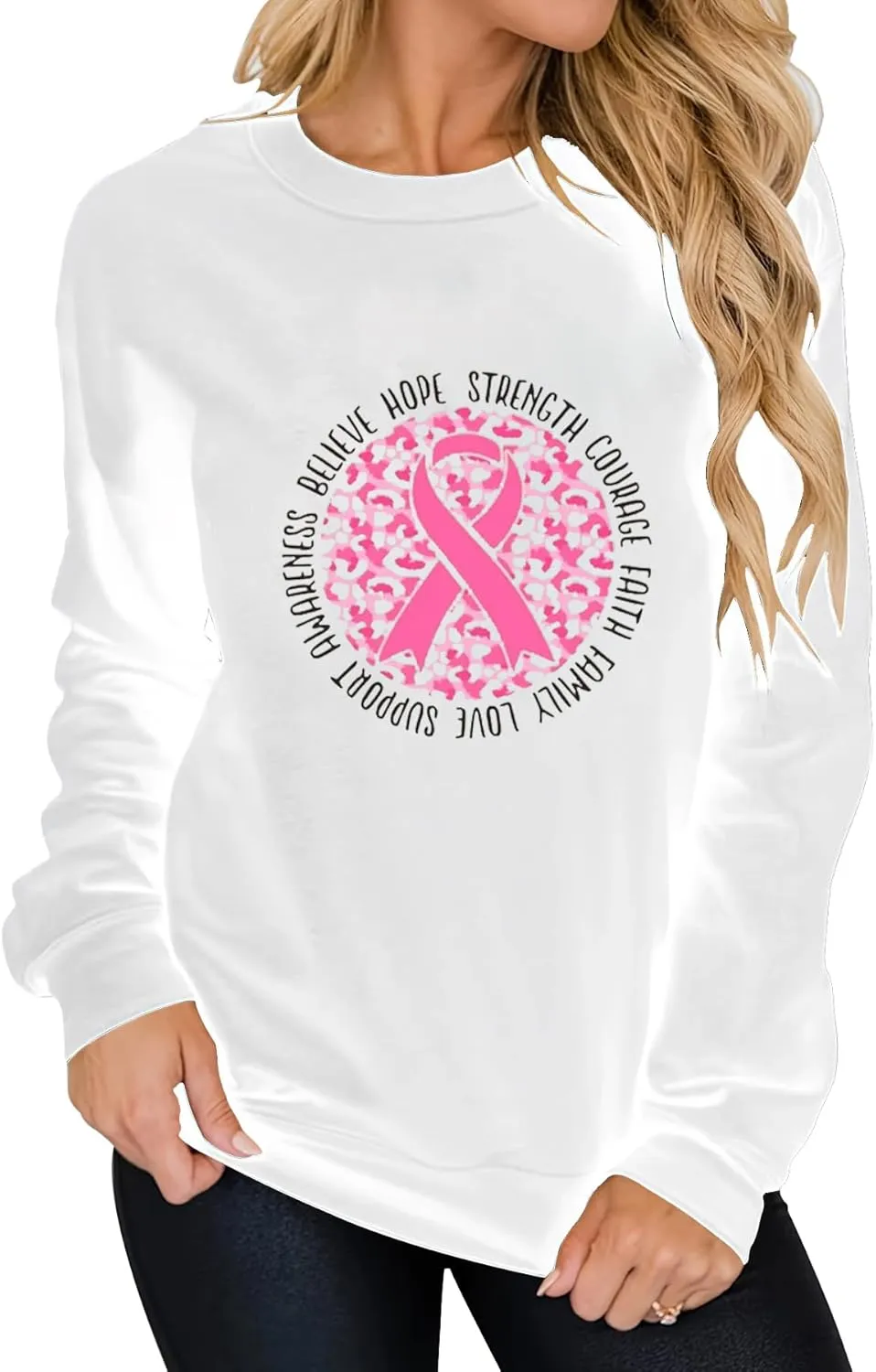 Breast Cancer Awareness Sweatshirt Women Pink Rainbow Graphic Shirts Pink Ribbon Graphic Cancer Gift Tops