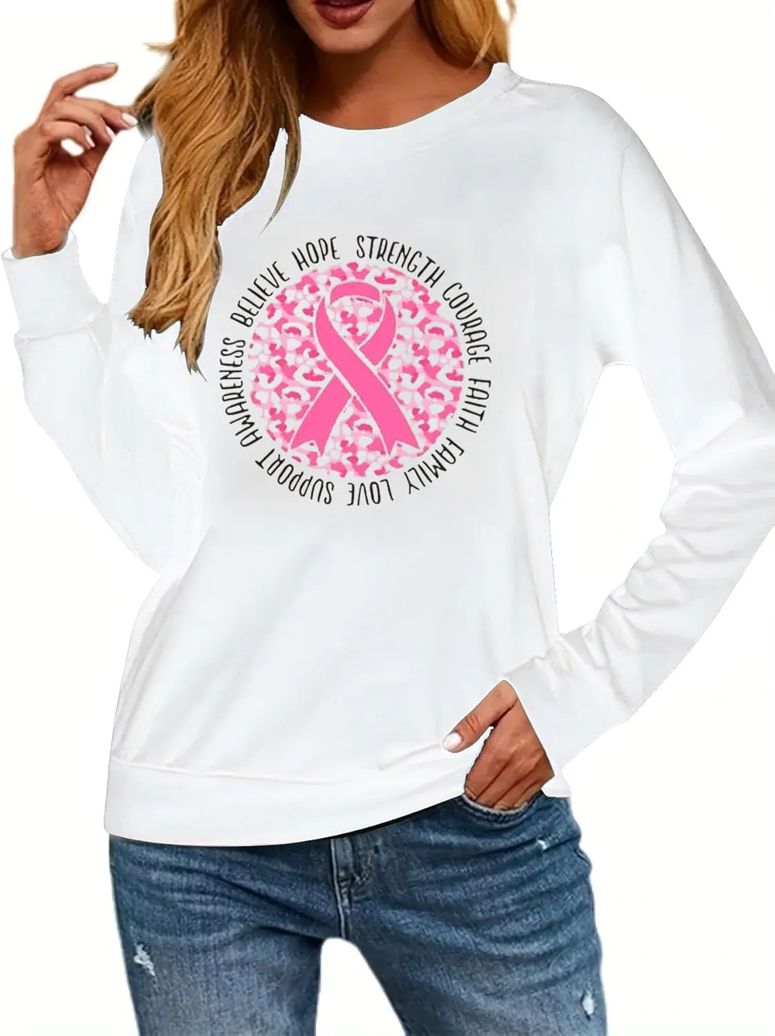 Breast Cancer Awareness Sweatshirt Women Pink Rainbow Graphic Shirts Pink Ribbon Graphic Cancer Gift Tops
