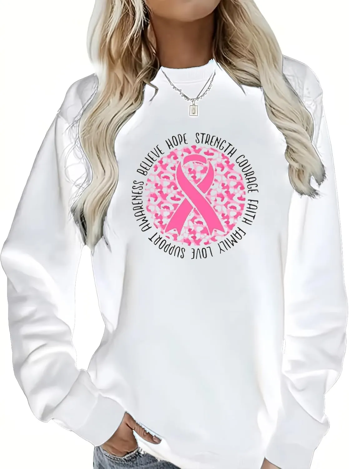 Breast Cancer Awareness Sweatshirt Women Pink Rainbow Graphic Shirts Pink Ribbon Graphic Cancer Gift Tops