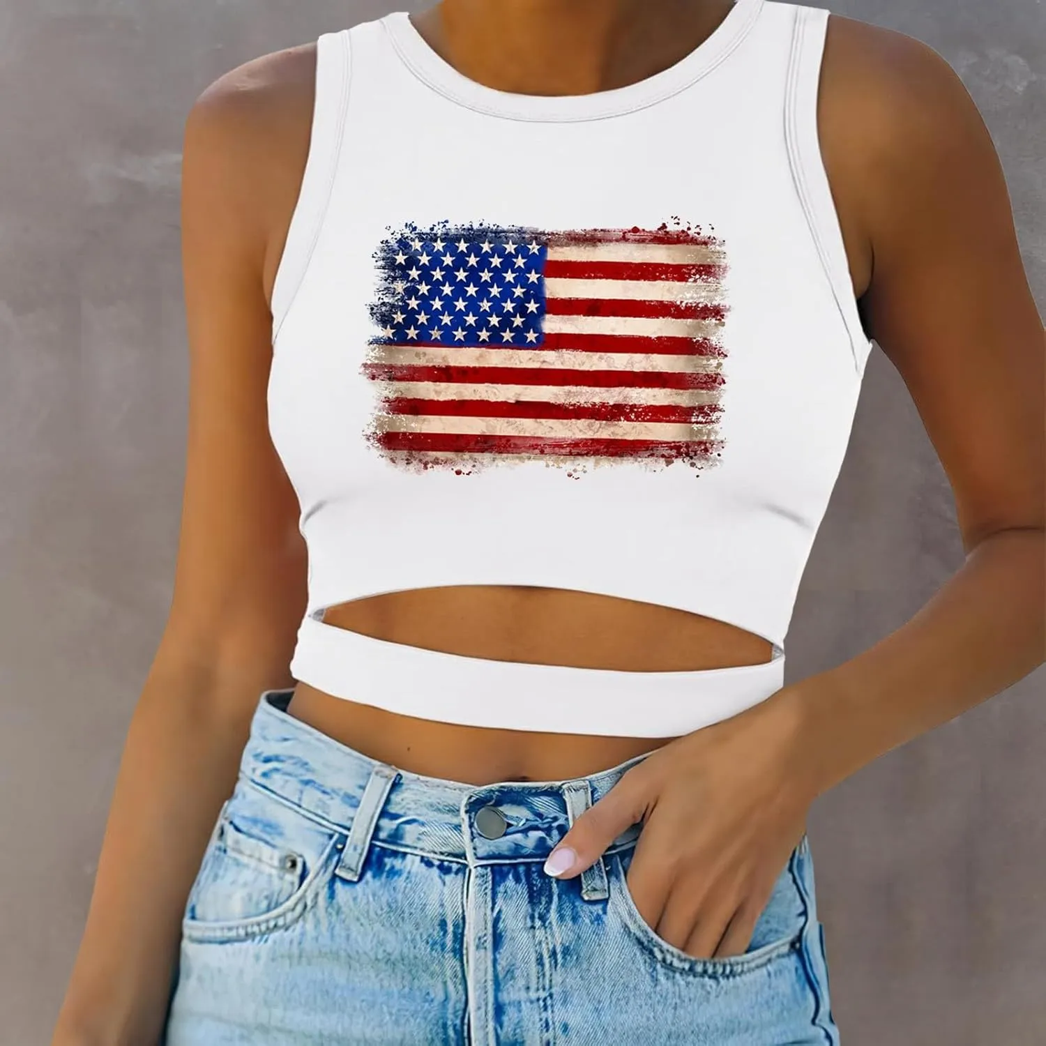 Camisole Tops for Women 2025 Up to Date Independence Days for Women Tank Tops High Neck Sexy Sleeveless Cutout Racer Back