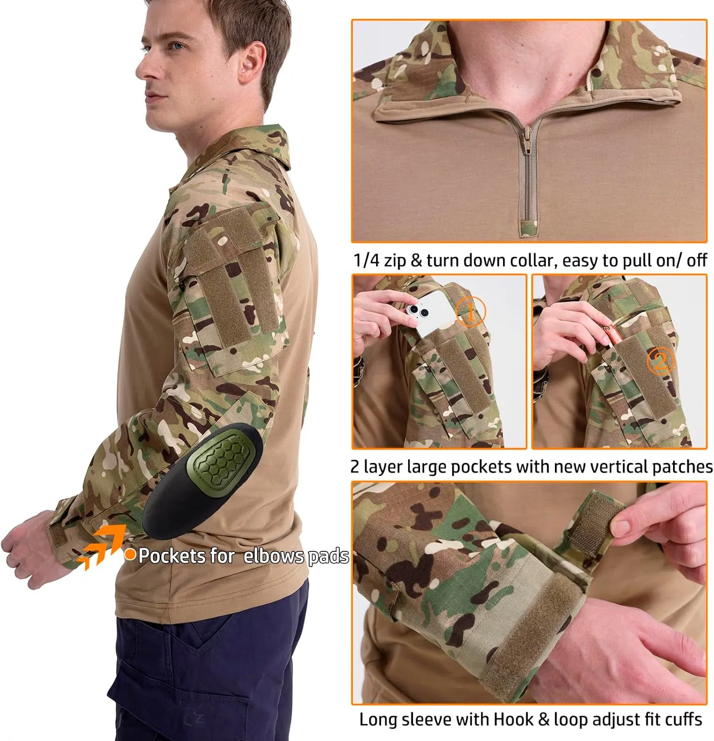 CARWORNIC Men's Tactical Combat Shirt, 1/4 Zipper Long Sleeve Camo Army Military T Shirt