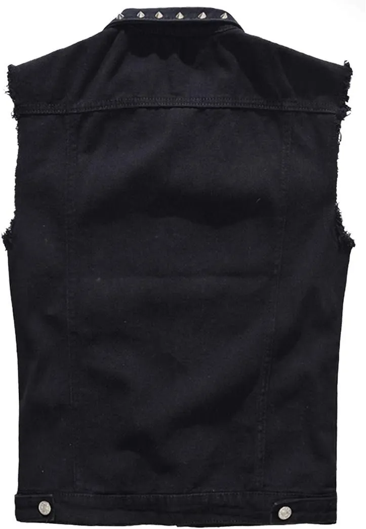 Cekaso Men's Denim Vest Sleeveless Jacket Punk Rock Jean Vest Casual Outerwear Vests with Rivets