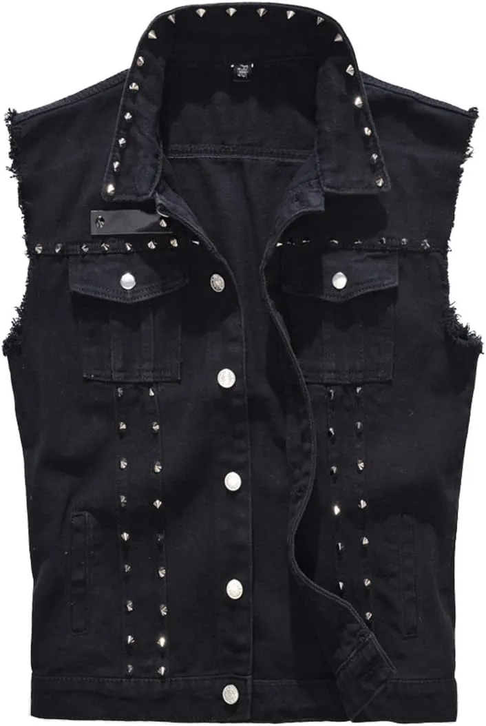 Cekaso Men's Denim Vest Sleeveless Jacket Punk Rock Jean Vest Casual Outerwear Vests with Rivets