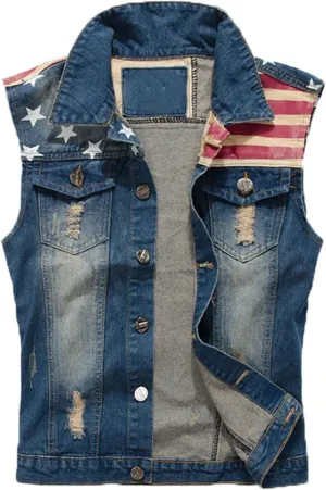 cffvdiz Men's Denim Vest American Flag Sleeveless Button Down Denim Shirt Vest Jean Tank Tops