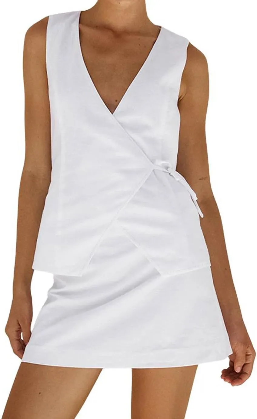 CHARTOU Women Summer 2 Piece Suit Sets Cotton Linen Vest Blazer and Mini Skirt Causal Outfits