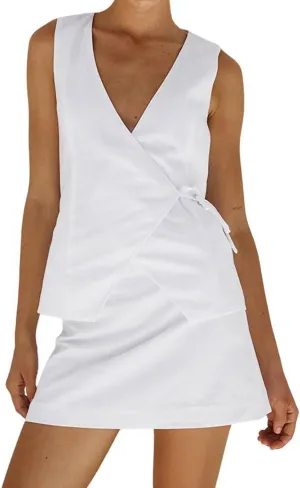 CHARTOU Women Summer 2 Piece Suit Sets Cotton Linen Vest Blazer and Mini Skirt Causal Outfits