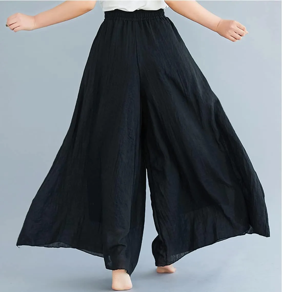chouyatou Womens Flowy Elastic High Waisted Wide Leg Pants Casual Palazzo Linen Pants Culottes