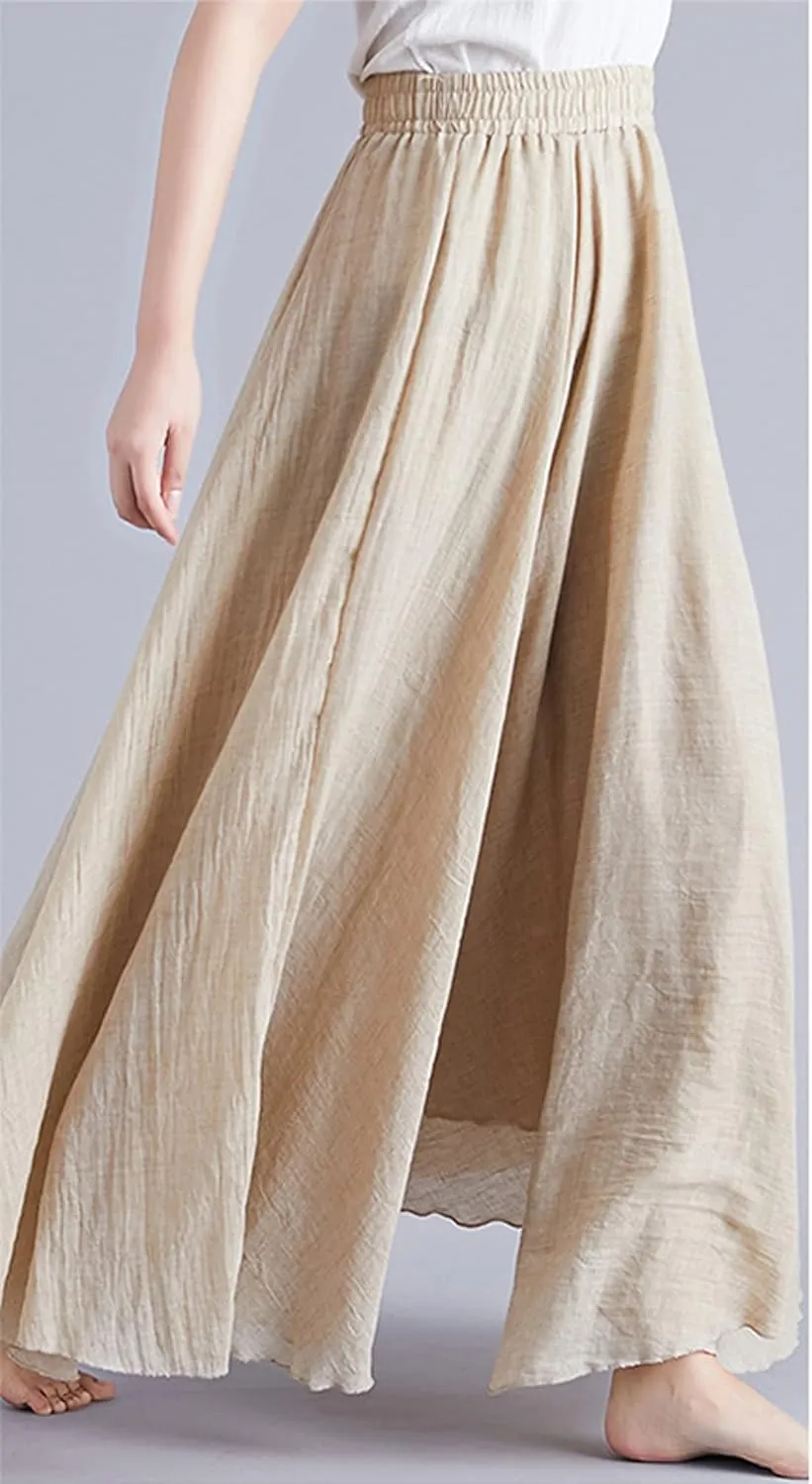 chouyatou Womens Flowy Elastic High Waisted Wide Leg Pants Casual Palazzo Linen Pants Culottes