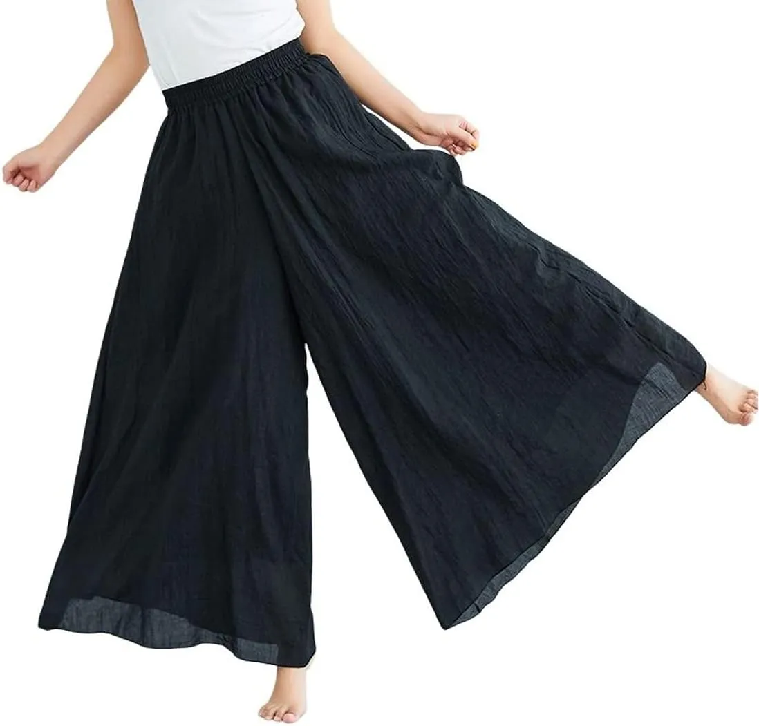 chouyatou Womens Flowy Elastic High Waisted Wide Leg Pants Casual Palazzo Linen Pants Culottes