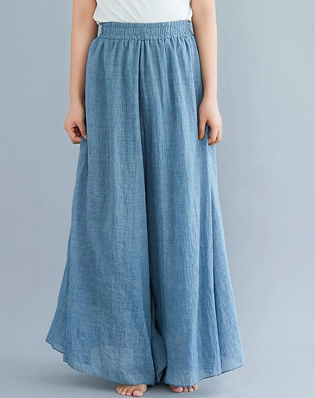 chouyatou Womens Flowy Elastic High Waisted Wide Leg Pants Casual Palazzo Linen Pants Culottes