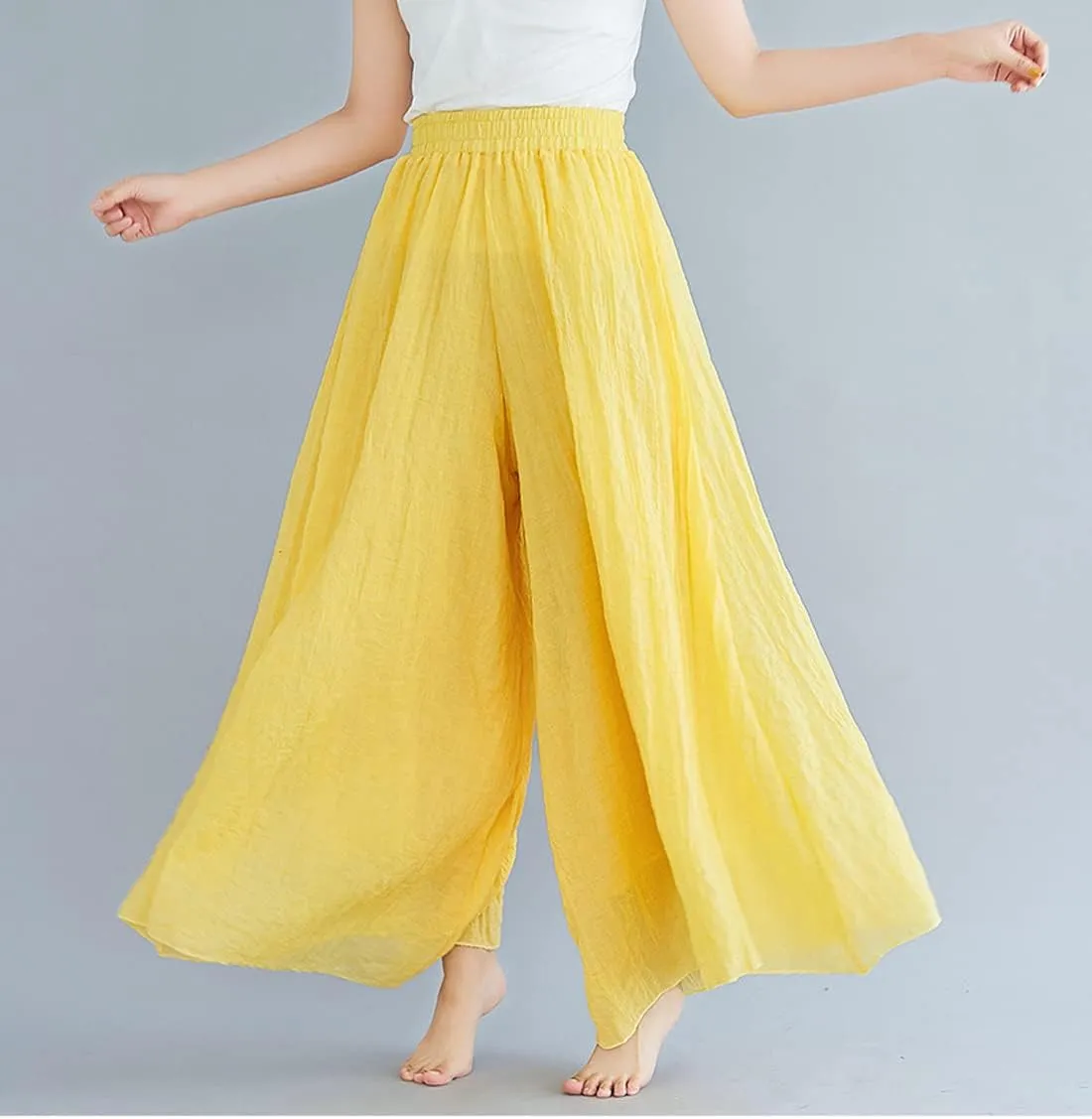 chouyatou Womens Flowy Elastic High Waisted Wide Leg Pants Casual Palazzo Linen Pants Culottes