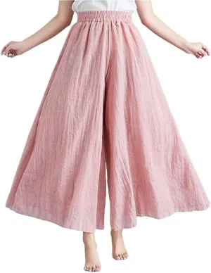 chouyatou Womens Flowy Elastic High Waisted Wide Leg Pants Casual Palazzo Linen Pants Culottes