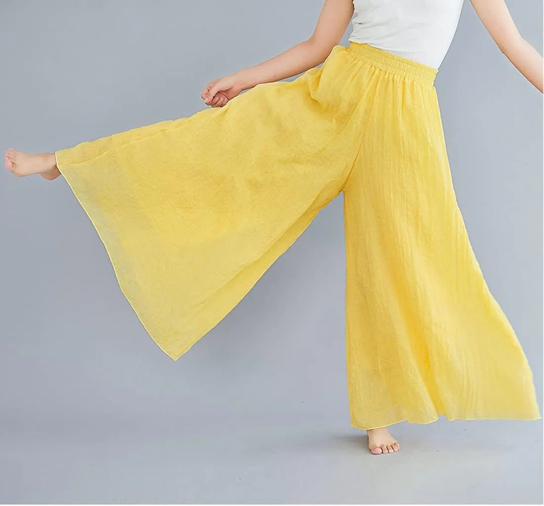 chouyatou Womens Flowy Elastic High Waisted Wide Leg Pants Casual Palazzo Linen Pants Culottes