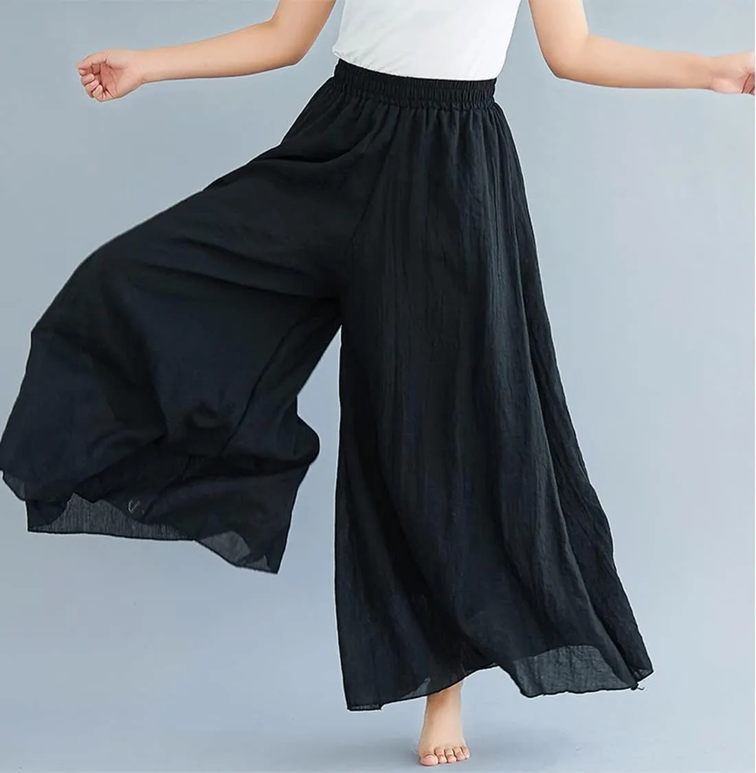 chouyatou Womens Flowy Elastic High Waisted Wide Leg Pants Casual Palazzo Linen Pants Culottes
