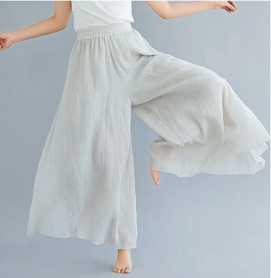 chouyatou Womens Flowy Elastic High Waisted Wide Leg Pants Casual Palazzo Linen Pants Culottes