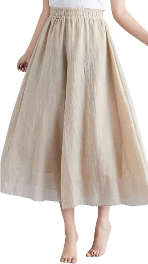chouyatou Womens Flowy Elastic High Waisted Wide Leg Pants Casual Palazzo Linen Pants Culottes
