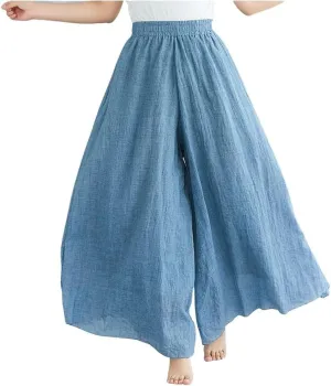 chouyatou Womens Flowy Elastic High Waisted Wide Leg Pants Casual Palazzo Linen Pants Culottes