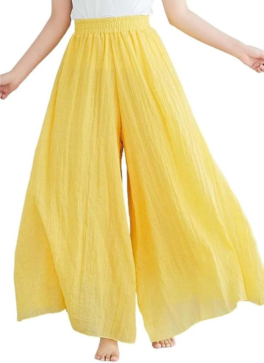 chouyatou Womens Flowy Elastic High Waisted Wide Leg Pants Casual Palazzo Linen Pants Culottes