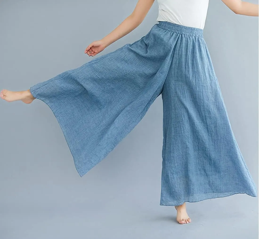 chouyatou Womens Flowy Elastic High Waisted Wide Leg Pants Casual Palazzo Linen Pants Culottes