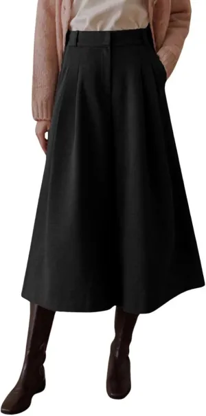 chouyatou Women's Wool Culottes Capri Cropped Pants Pleated Elastic High Waist Wide Leg Palazzo Trouser