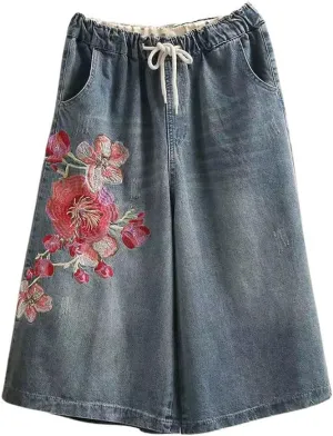 chouyatou Women's Y2k Baggy Wide Leg Cropped Jeans Flower Embroidered Elastic Waist Capri Denim Pants Culottes