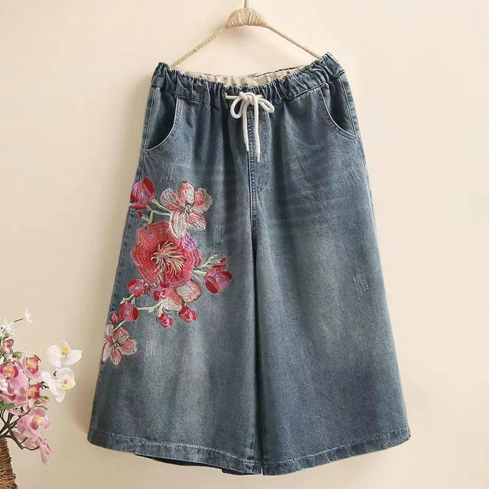 chouyatou Women's Y2k Baggy Wide Leg Cropped Jeans Flower Embroidered Elastic Waist Capri Denim Pants Culottes