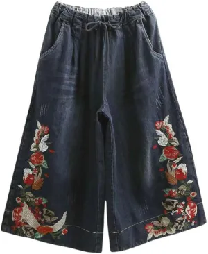 chouyatou Women's Y2k Baggy Wide Leg Cropped Jeans Flower Embroidered Elastic Waist Capri Denim Pants Culottes