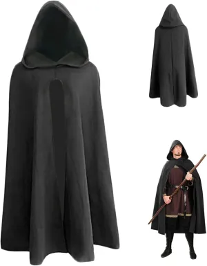 Cloak with Hood Men, Renaissance Cloak 39.8'' Long Black Polyester Hooded Cloak Soft Breathable Pullover Retro Medieval Cloak for Halloween Hobbit Viking Cosplay Costumes, Hooded Cloak, Medium