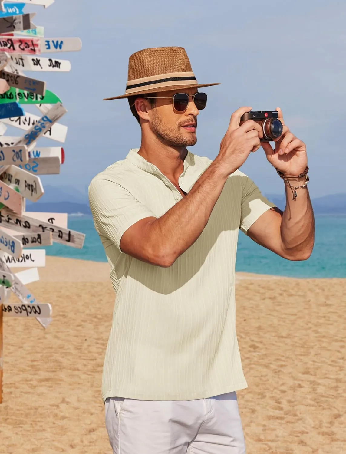 COOFANDY Men Casual Henley Tee Shirt Short Sleeve Band Collar Summer Beach Textured T-Shirt