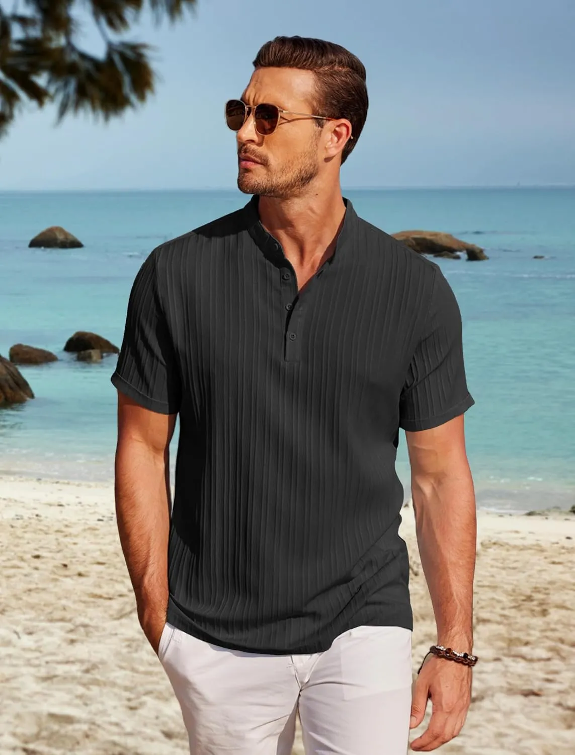 COOFANDY Men Casual Henley Tee Shirt Short Sleeve Band Collar Summer Beach Textured T-Shirt
