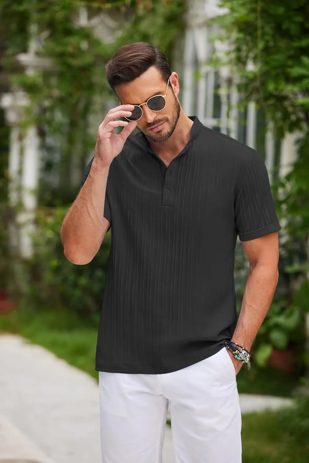 COOFANDY Men Casual Henley Tee Shirt Short Sleeve Band Collar Summer Beach Textured T-Shirt