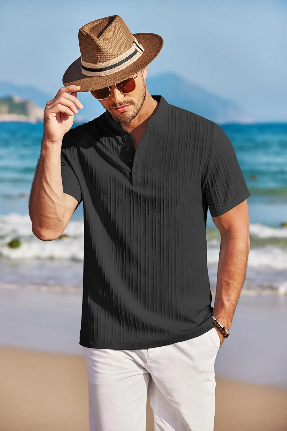 COOFANDY Men Casual Henley Tee Shirt Short Sleeve Band Collar Summer Beach Textured T-Shirt