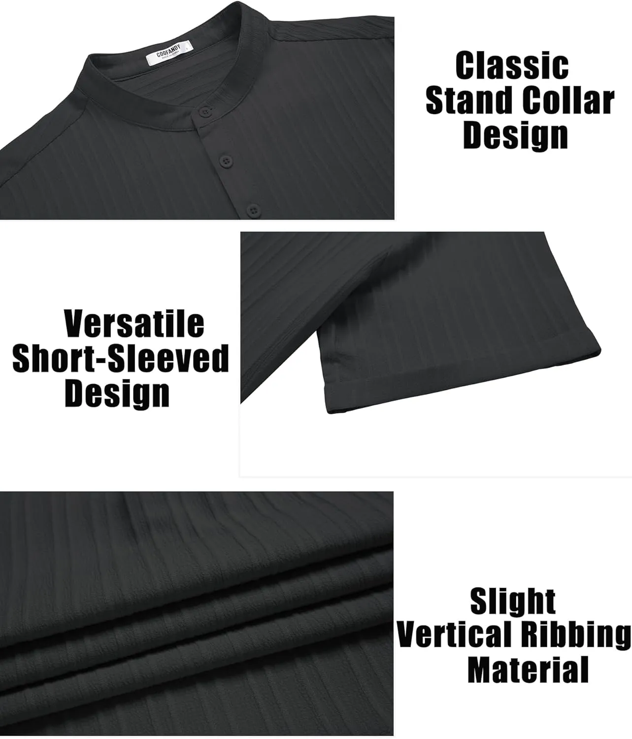 COOFANDY Men Casual Henley Tee Shirt Short Sleeve Band Collar Summer Beach Textured T-Shirt