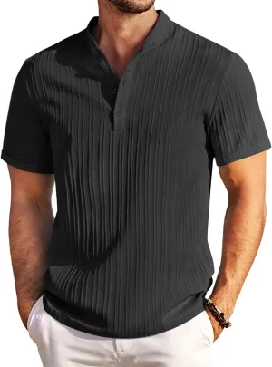 COOFANDY Men Casual Henley Tee Shirt Short Sleeve Band Collar Summer Beach Textured T-Shirt