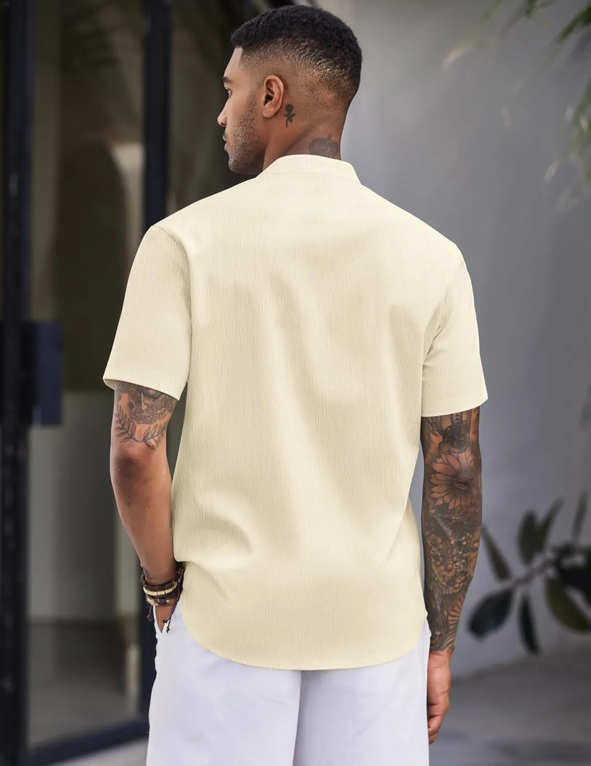 COOFANDY Men's Casual Button Down Short Sleeve Shirt Band Collar Shirts Textured Beach Summer Shirt