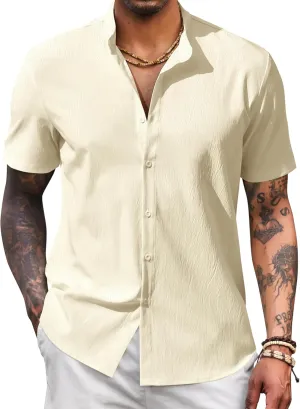 COOFANDY Men's Casual Button Down Short Sleeve Shirt Band Collar Shirts Textured Beach Summer Shirt