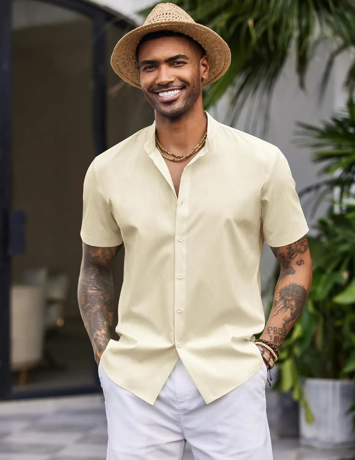 COOFANDY Men's Casual Button Down Short Sleeve Shirt Band Collar Shirts Textured Beach Summer Shirt
