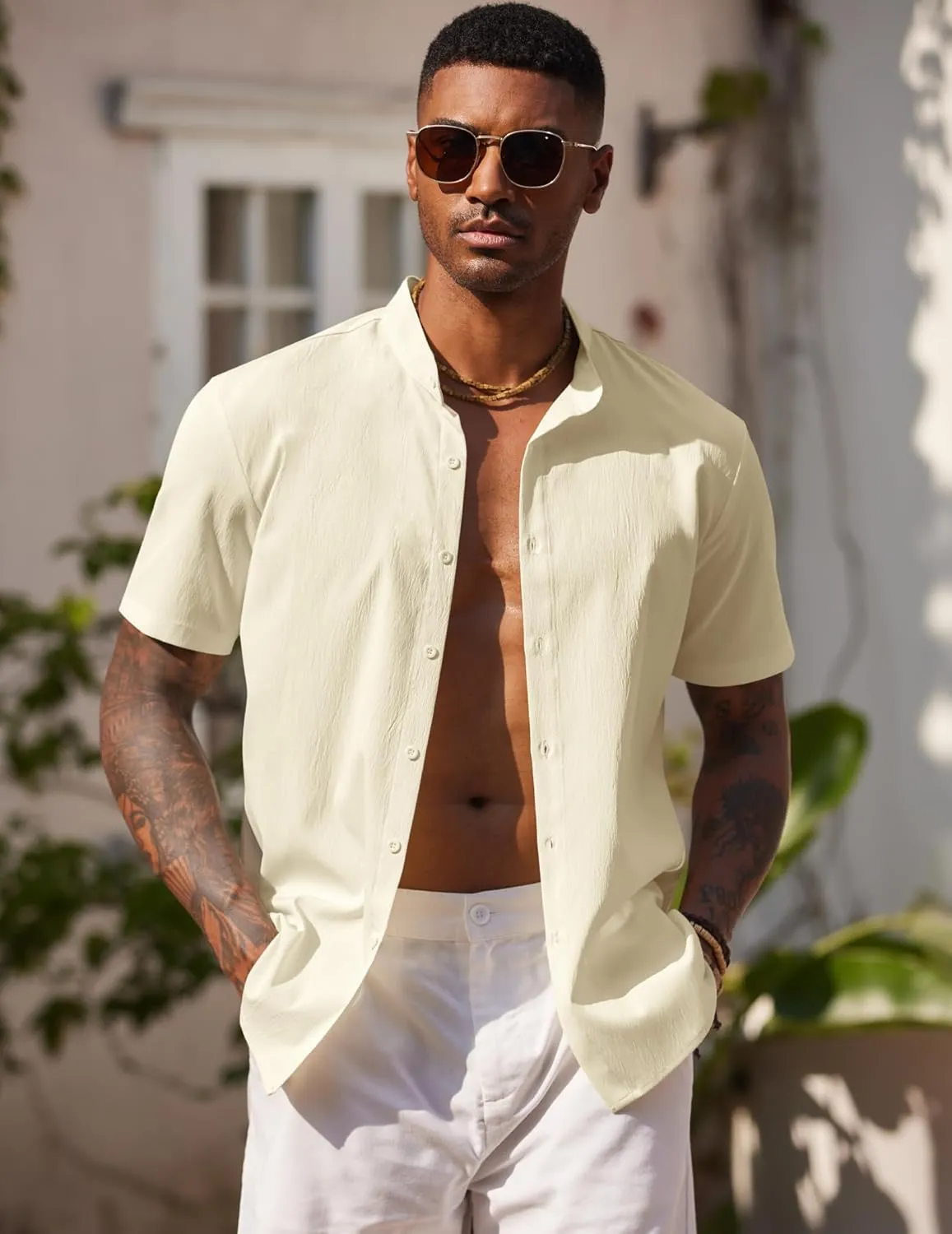 COOFANDY Men's Casual Button Down Short Sleeve Shirt Band Collar Shirts Textured Beach Summer Shirt