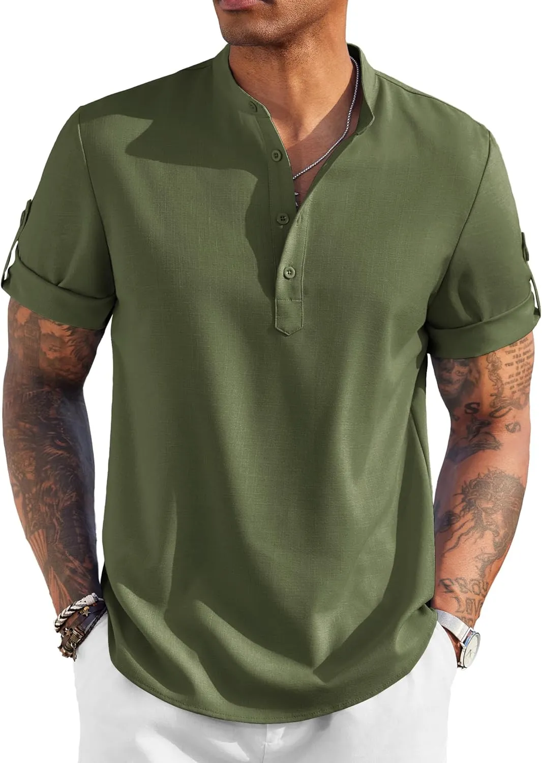 COOFANDY Men's Casual Henley Shirt Short Sleeve Band Collar Linen Shirt Summer Beach Hippie T-Shirts