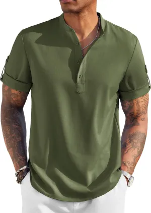 COOFANDY Men's Casual Henley Shirt Short Sleeve Band Collar Linen Shirt Summer Beach Hippie T-Shirts