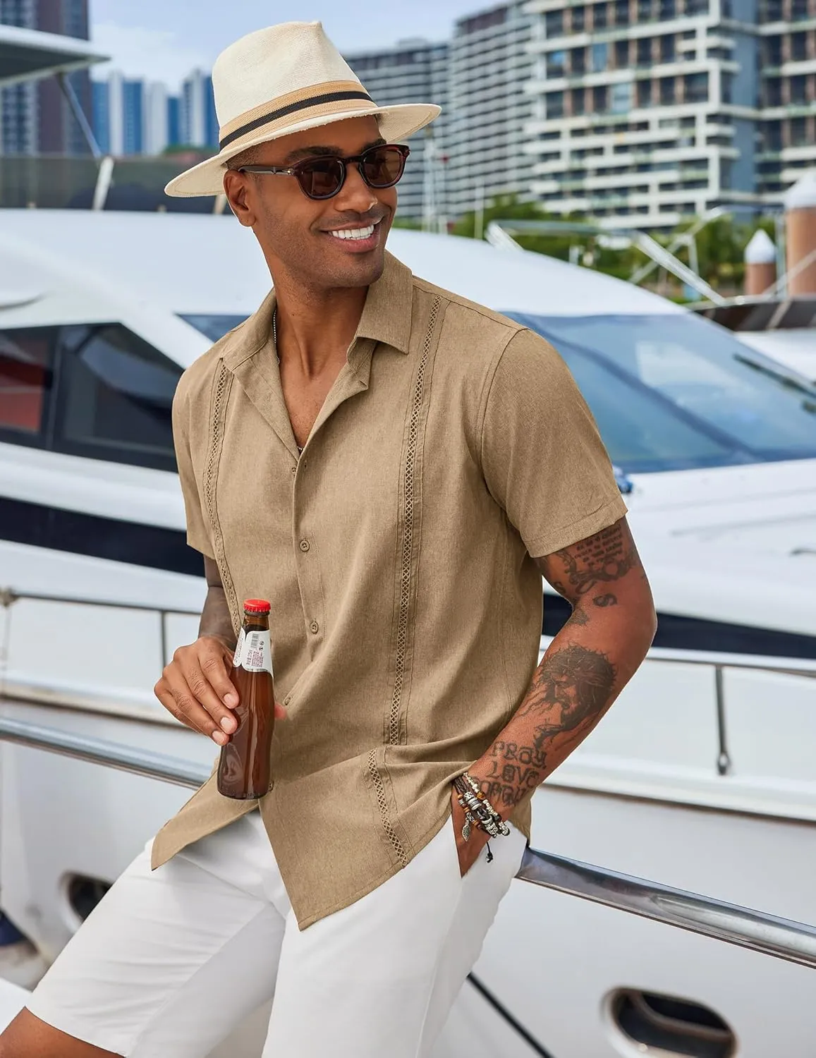 COOFANDY Men's Cuban Guayabera Shirts Casual Short Sleeve Button Down Shirt Summer Beach Vacation Shirt