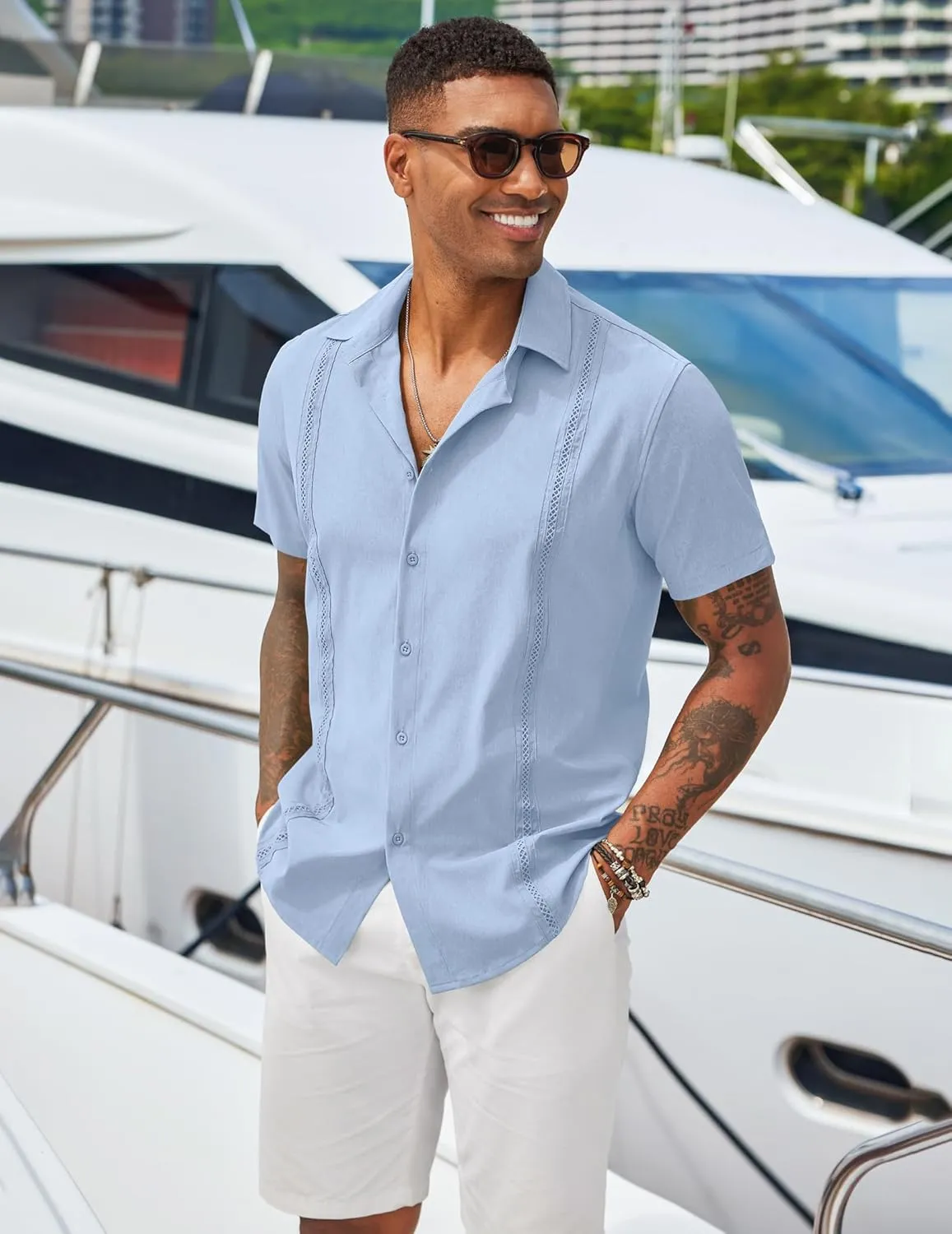 COOFANDY Men's Cuban Guayabera Shirts Casual Short Sleeve Button Down Shirt Summer Beach Vacation Shirt