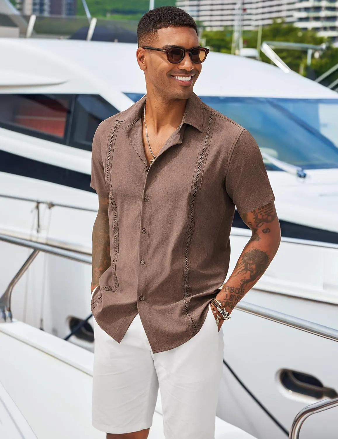 COOFANDY Men's Cuban Guayabera Shirts Casual Short Sleeve Button Down Shirt Summer Beach Vacation Shirt